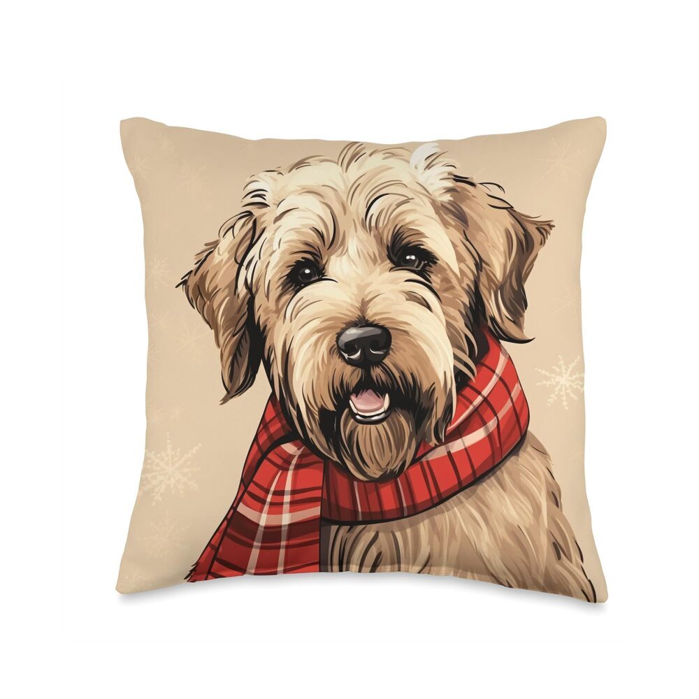 8897 Soft Coated Wheaten Terrier Christmas Dog in Plaid Scarf Throw Pillow
